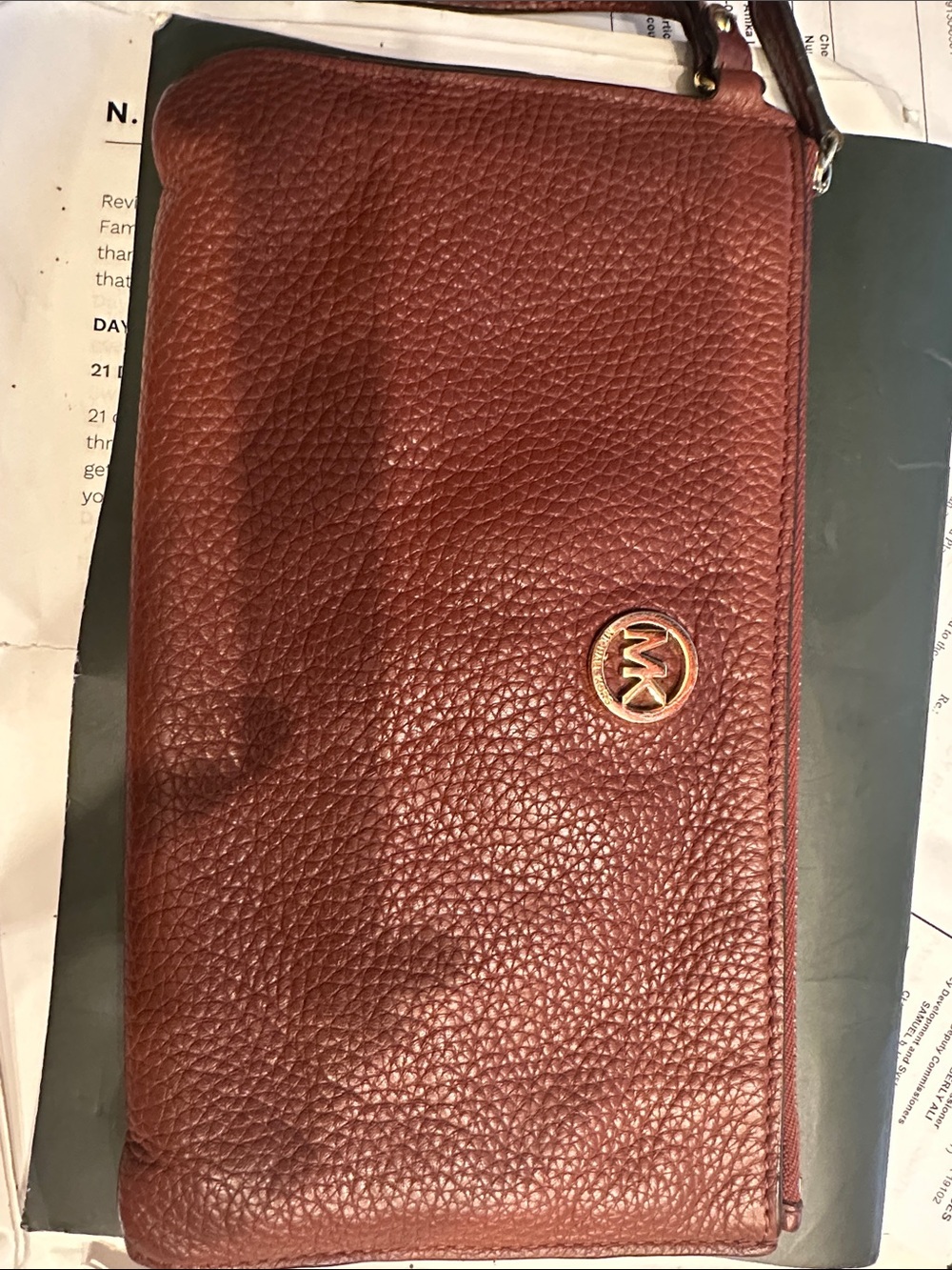 Michael Kors Pebbled Leather Wristlet - Wine Brown with Gold Logo